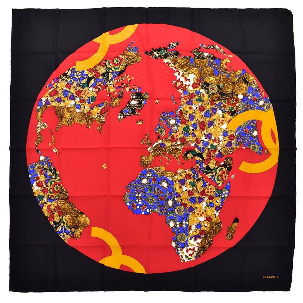 Chanel Jeweled Gripoix Globe Print 34"" Square Silk Scarf in Red/Black